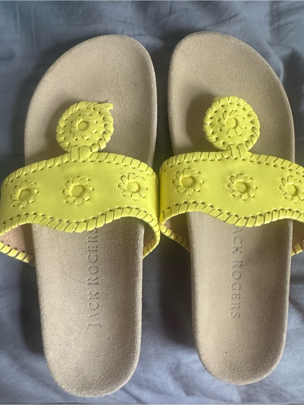 Jack Rogers Bright Yellow Daisy Applique Slide Sandals
